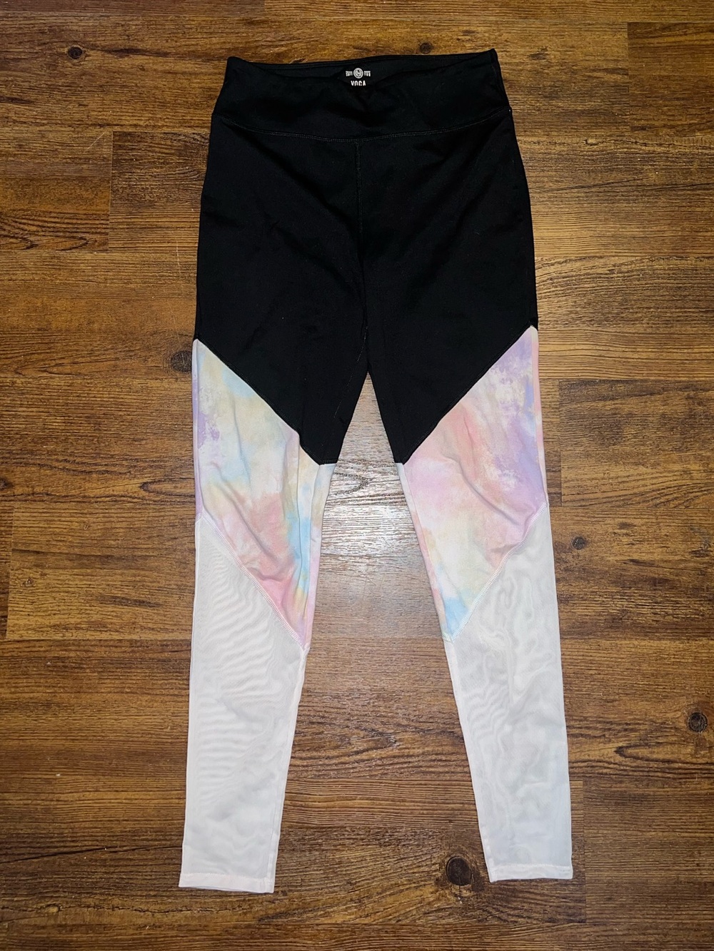 SO Black Leggings Pastel Tie-Dye Mesh High Rise Yoga Colorblock Panels Size L